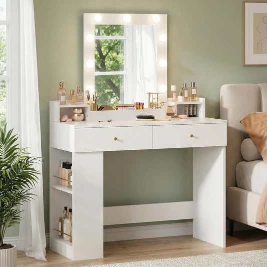Coiffeuse et table de maquillage avec Miroir et Éclairage LED – avec rangement, avec tiroirs, affichage LED, 2 Tiroirs, blanc