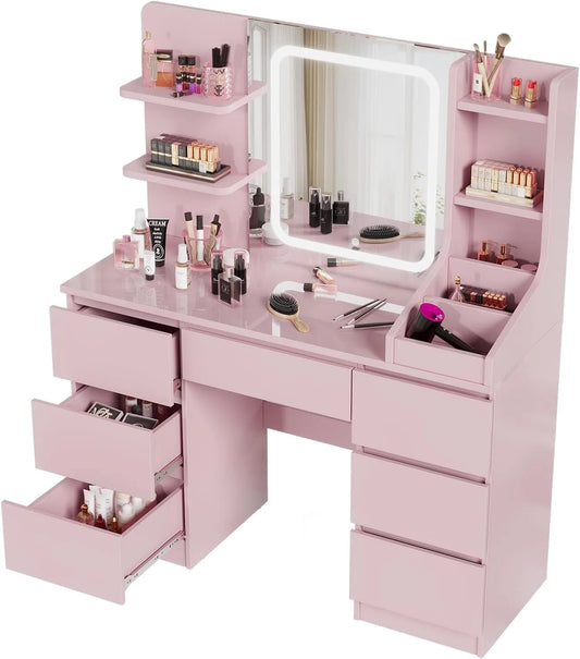 Devoko Coiffeuse et table de maquillage LED avec 7 Grands Tiroirs – avec tiroirs, réglable, affichage LED, rose