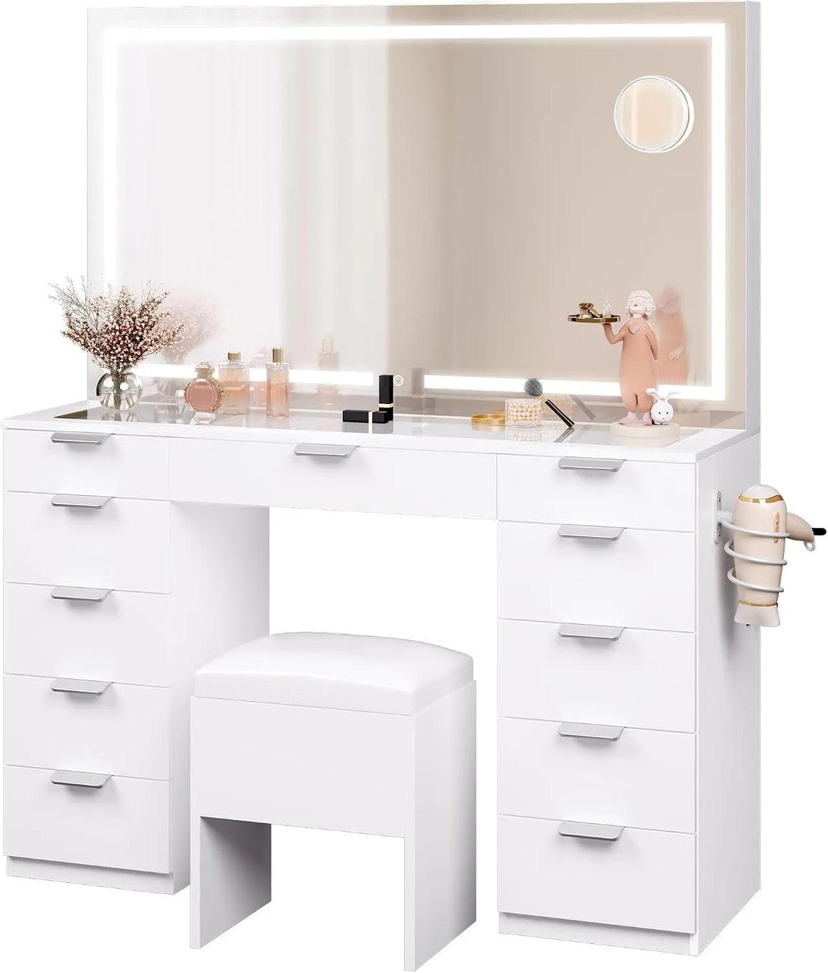 Coiffeuse et table de maquillage avec éclairage LED — avec tiroirs, réglable, affichage LED, 11 tiroirs, blanc