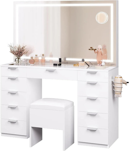 Coiffeuse et table de maquillage avec éclairage LED — avec tiroirs, réglable, affichage LED, 11 tiroirs, blanc