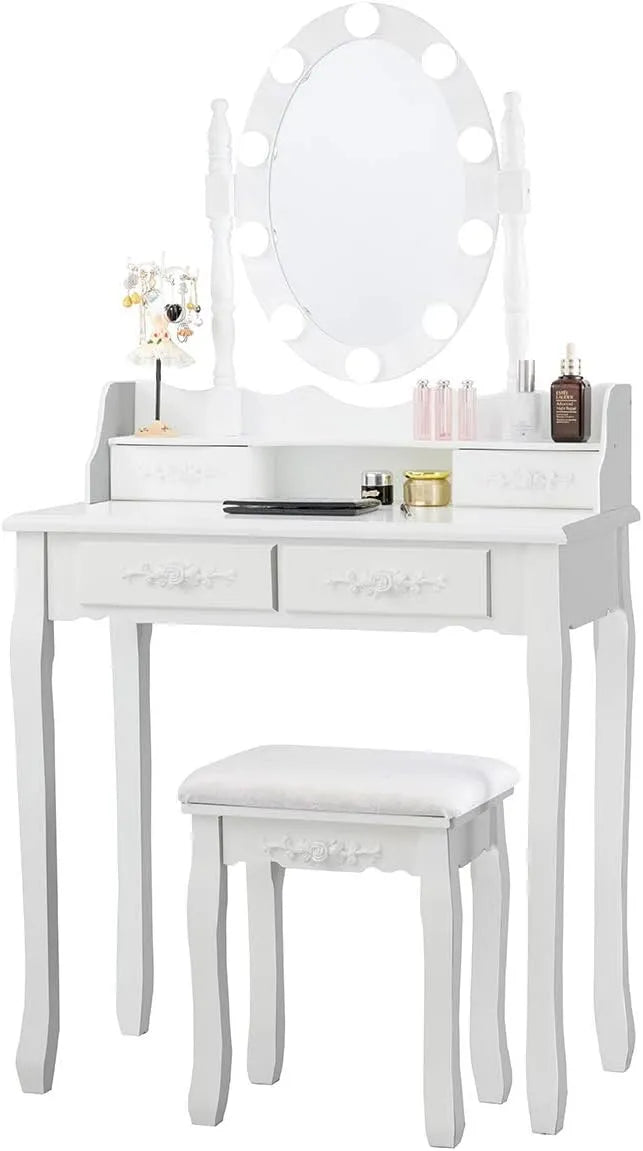COSTWAY Coiffeuse et table de maquillage avec Tabouret Rembourré – avec tiroirs, affichage LED, 4 Tiroirs, 40 × 75 × 145 cm, blanc