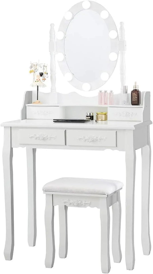 COSTWAY Coiffeuse et table de maquillage avec Tabouret Rembourré – avec tiroirs, affichage LED, 4 Tiroirs, 40 × 75 × 145 cm, blanc