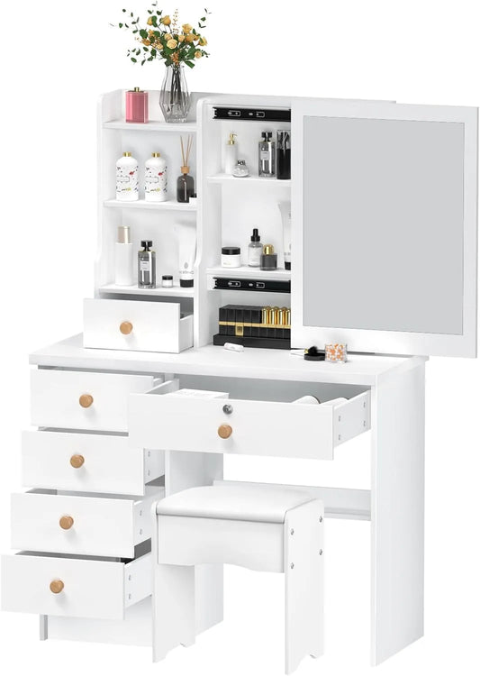 Coiffeuse et table de maquillage avec miroir et tabouret – avec rangement, avec tiroirs, avec étagères, affichage LED, 6 tiroirs, 80 × 37 × 122 cm