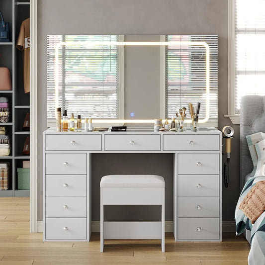 Coiffeuse et table de maquillage avec Miroir LED et Tabouret — en verre, avec tiroirs, affichage LED, 11 Tiroirs, blanc