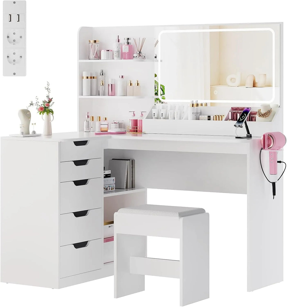 Airfish Coiffeuse et table de maquillage avec Miroir LED et Multiprise — avec rangement, avec tiroirs, avec étagères, affichage LED, 5 Tiroirs, blanc