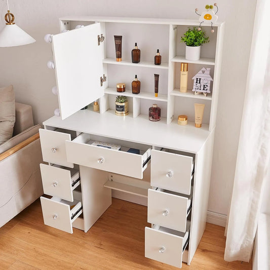 Coiffeuse et table de maquillage avec Miroir — avec tiroirs, avec étagères, réglable, affichage LED, 4 Étagères, 7 Tiroirs, 140 × 40 × 100 cm