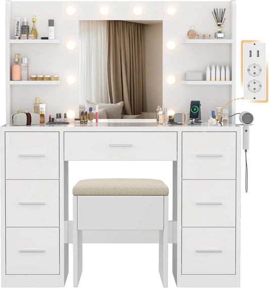 Devoko Grande Coiffeuse et table de maquillage avec Miroir et Tabouret: avec rangement, avec tiroirs, avec étagères, réglable, 4 Étagères, 7 Tiroirs