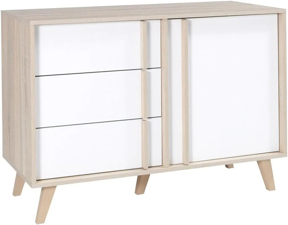 Commode et meuble à tiroirs 1 Porte et 3 tiroirs Malmo Coloris chêne Clair: avec tiroirs, blanc