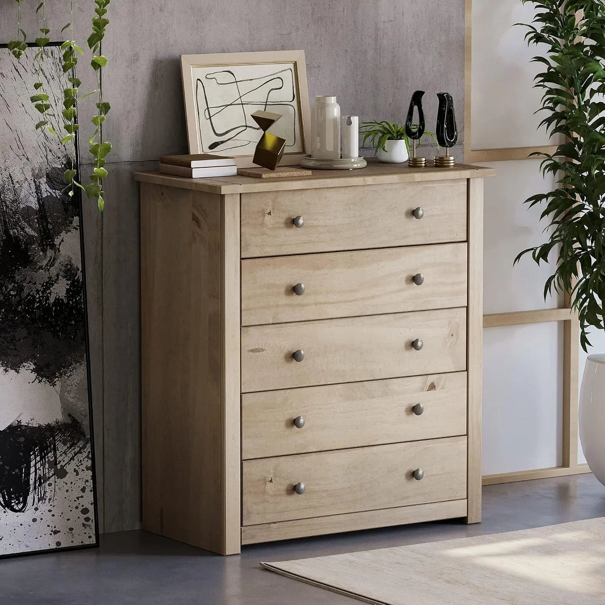 Home Discount Panama Commode et meuble à tiroirs à 5 tiroirs Pin Massif ciré: en velours côtelé, avec tiroirs