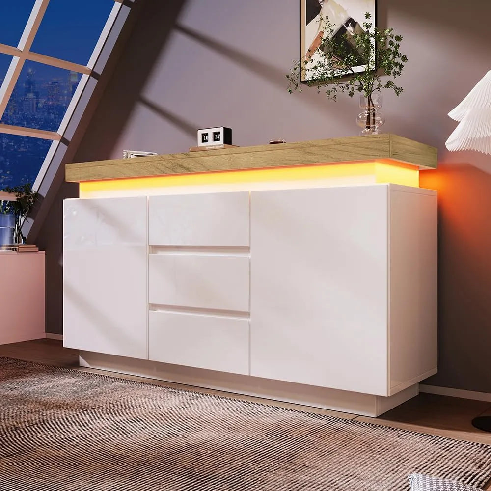 Buffet et meuble de rangement – avec tiroirs, affichage LED, 2 Portes, 3 tiroirs, 81 × 140 × 39 cm