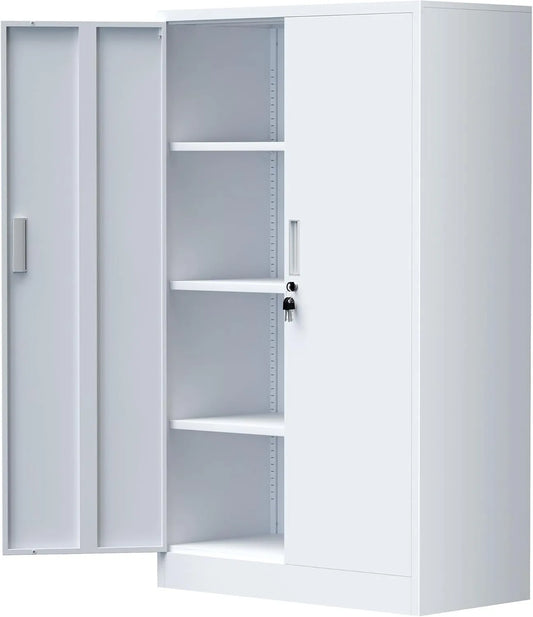 Armoire de rangement – en métal, avec rangement, verrouillable, avec Bibliothèque et étagère de rangements, 3 Étagères, blanc, réglable