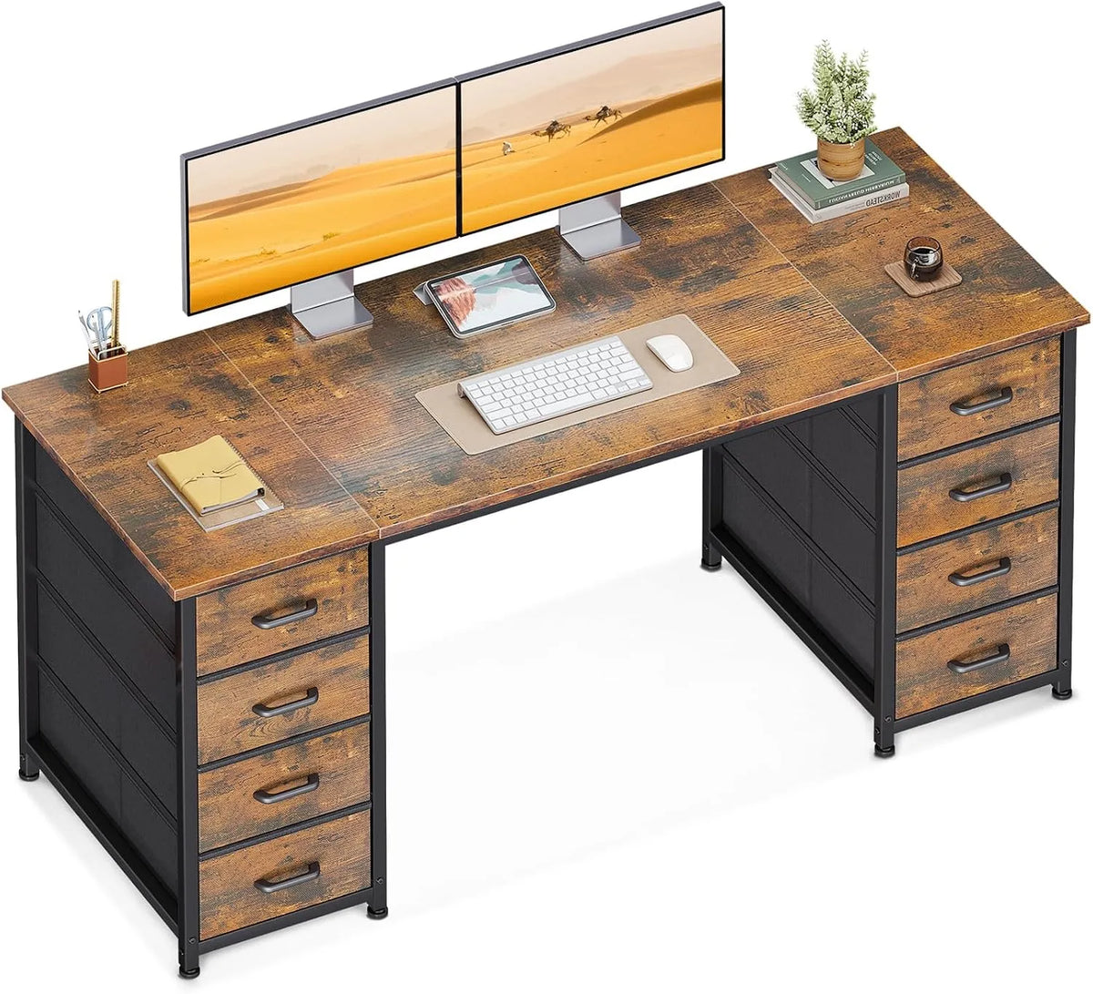 Bureau et table informatique – revêtement en tissu, avec rangement, avec tiroirs, 8 Tiroirs, 140 × 48cm, marron