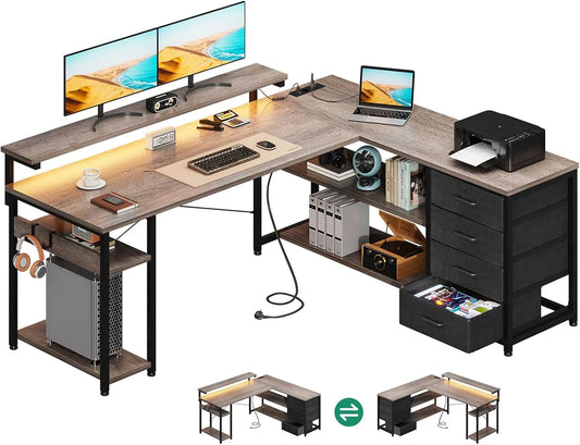 Bureau et table informatique: réversible, avec tiroirs, avec port USB, affichage LED, 155×110cm, gris