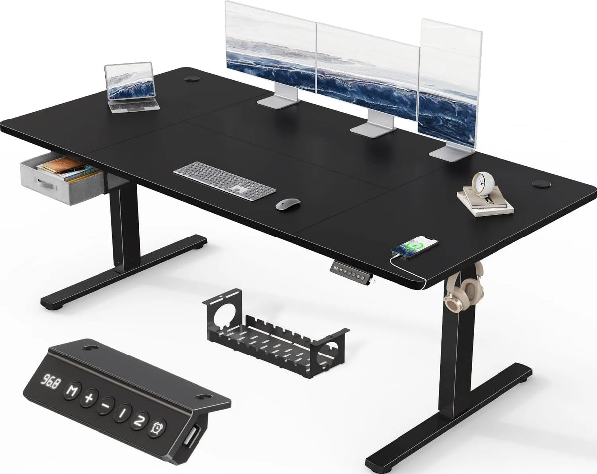 Bureau et table informatique – USB-A, sur pied, avec tiroirs, avec port USB, réglable, 180 × 80 cm, noir, hauteur réglable