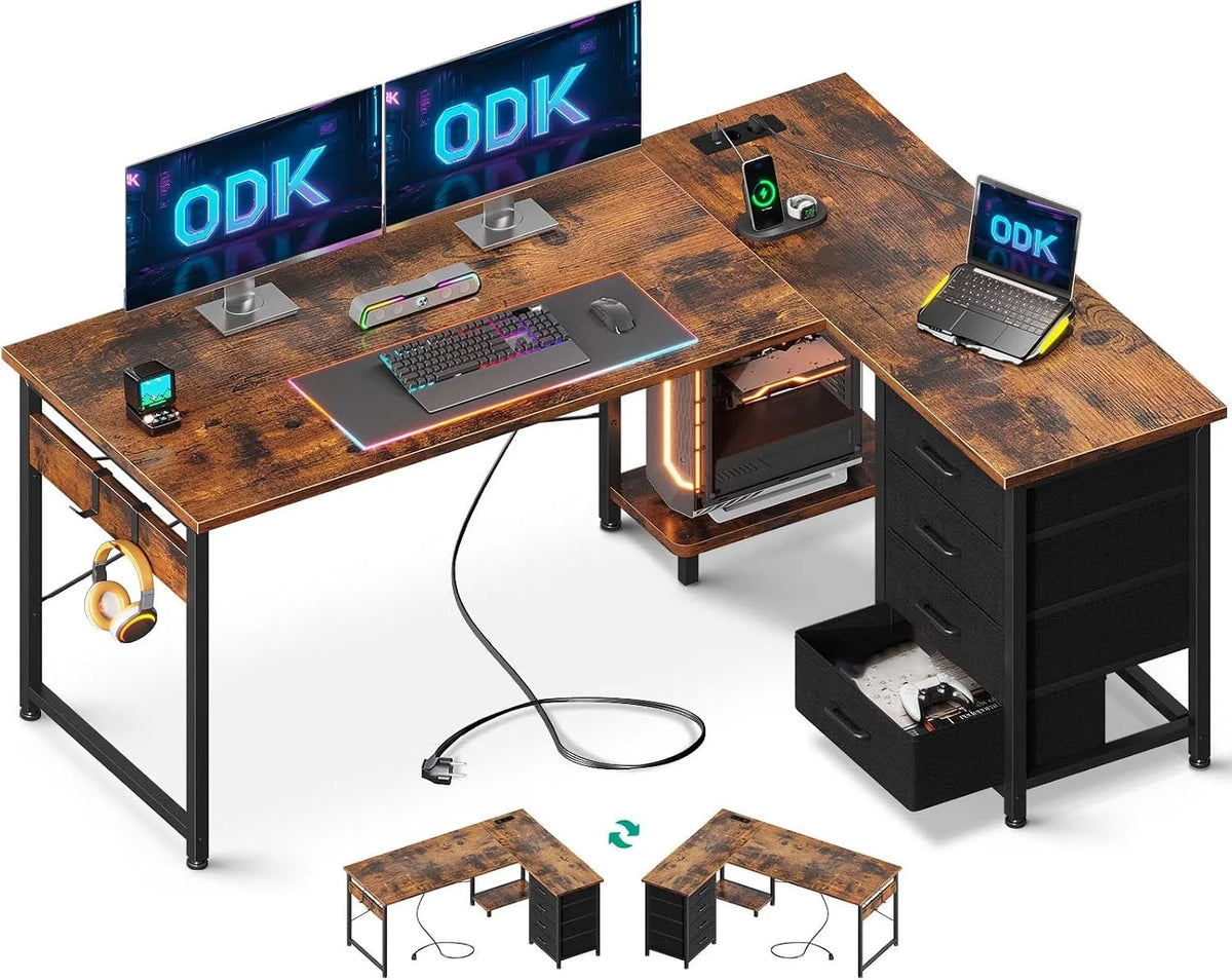 Bureau et table informatique: réversible, avec rangement, avec tiroirs, avec port USB, 4 Tiroirs, 135×100 cm, marron