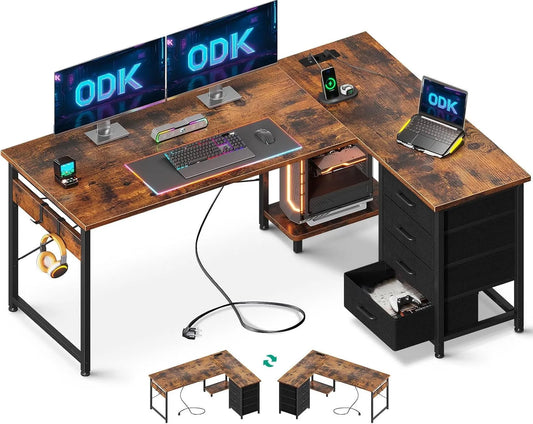 Bureau et table informatique: réversible, avec rangement, avec tiroirs, avec port USB, 4 Tiroirs, 135×100 cm, marron