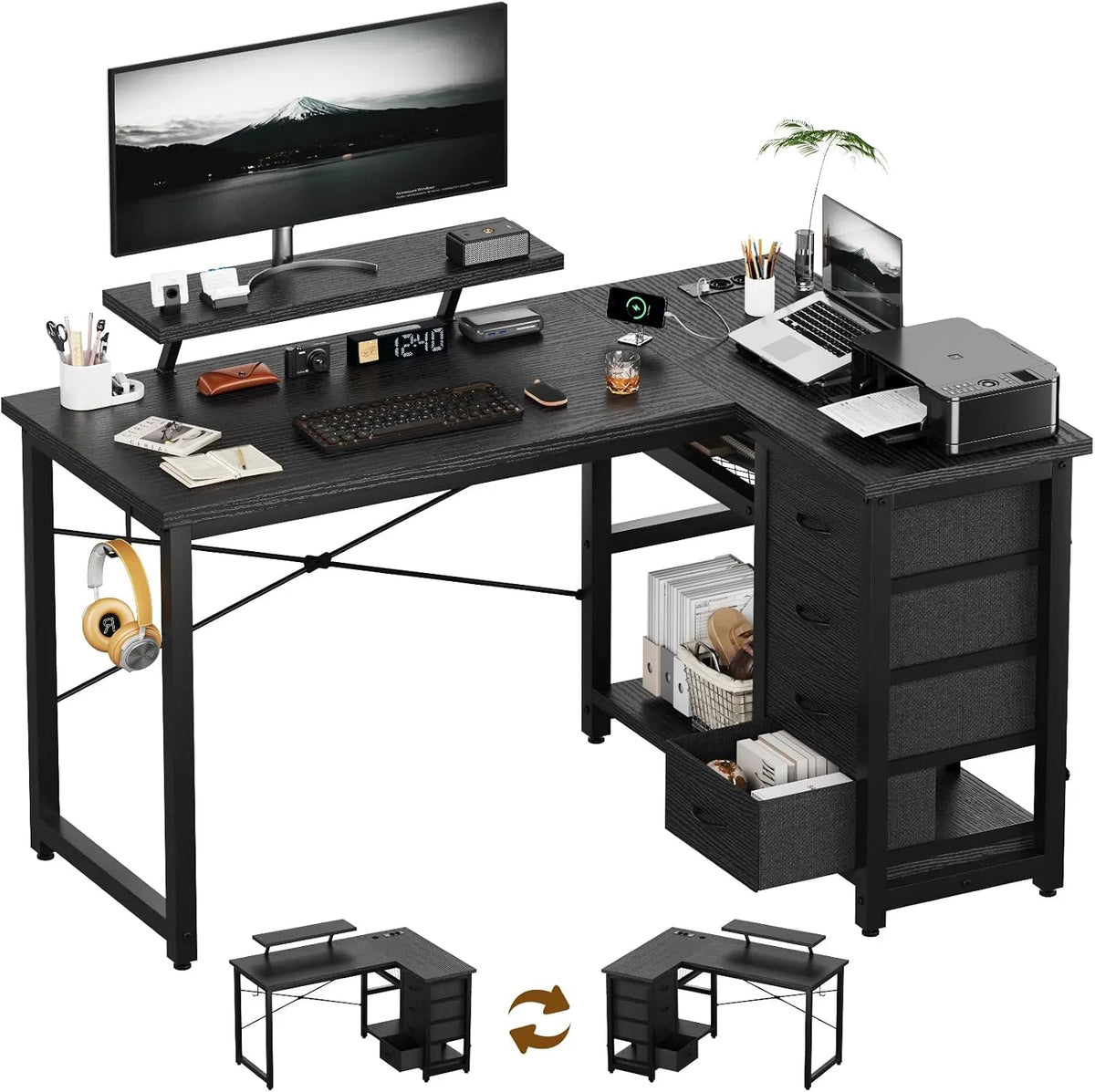 Bureau et table informatique – réversible, avec tiroirs, avec port USB, avec écran, 4 Tiroirs, 140 × 80 cm, noir