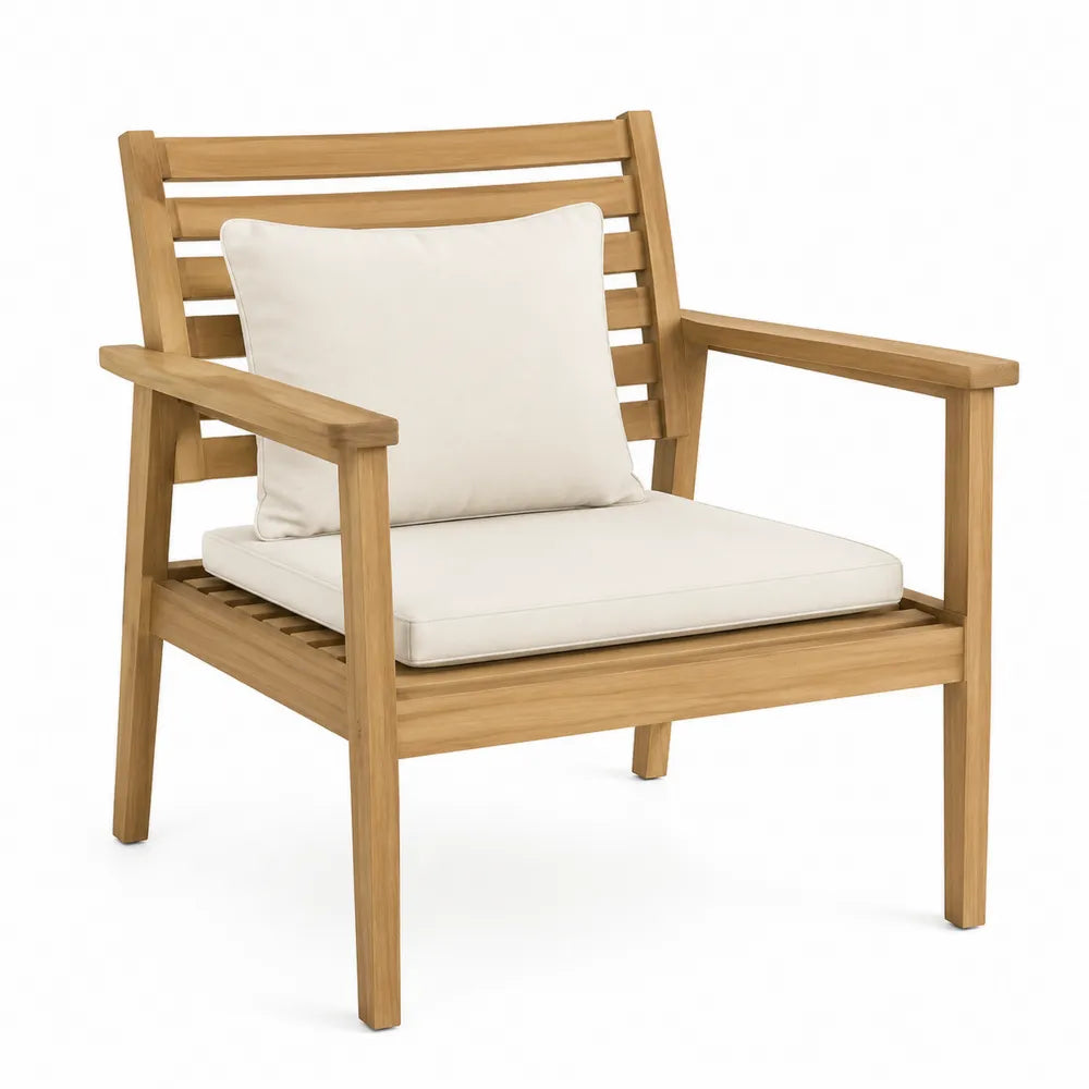 Chaise en bois de teck avec coussins en polyester beige