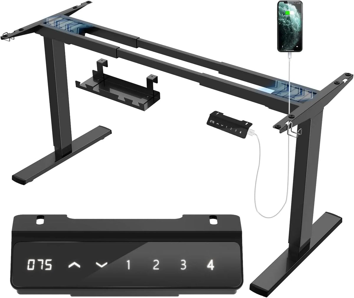 Bureau et table informatique — avec port USB, réglable, avec roulettes, noir, hauteur réglable