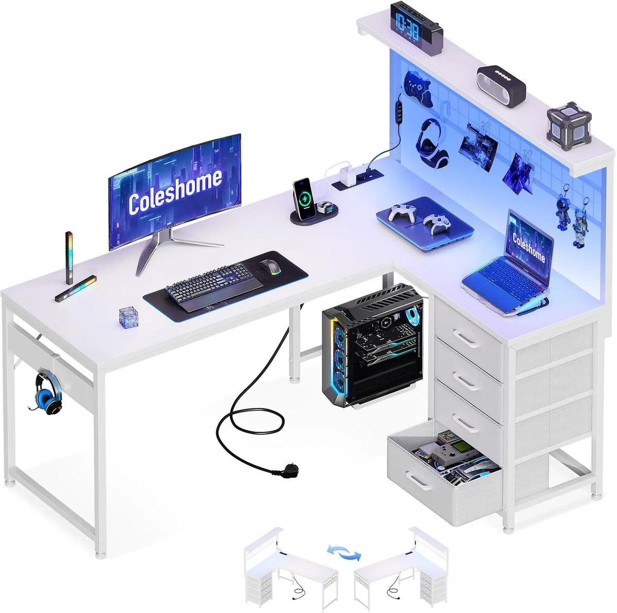 Bureau et table informatique: réversible, avec rangement, avec tiroirs, pour gaming, 130×100 cm, blanc, avec éclairage LED