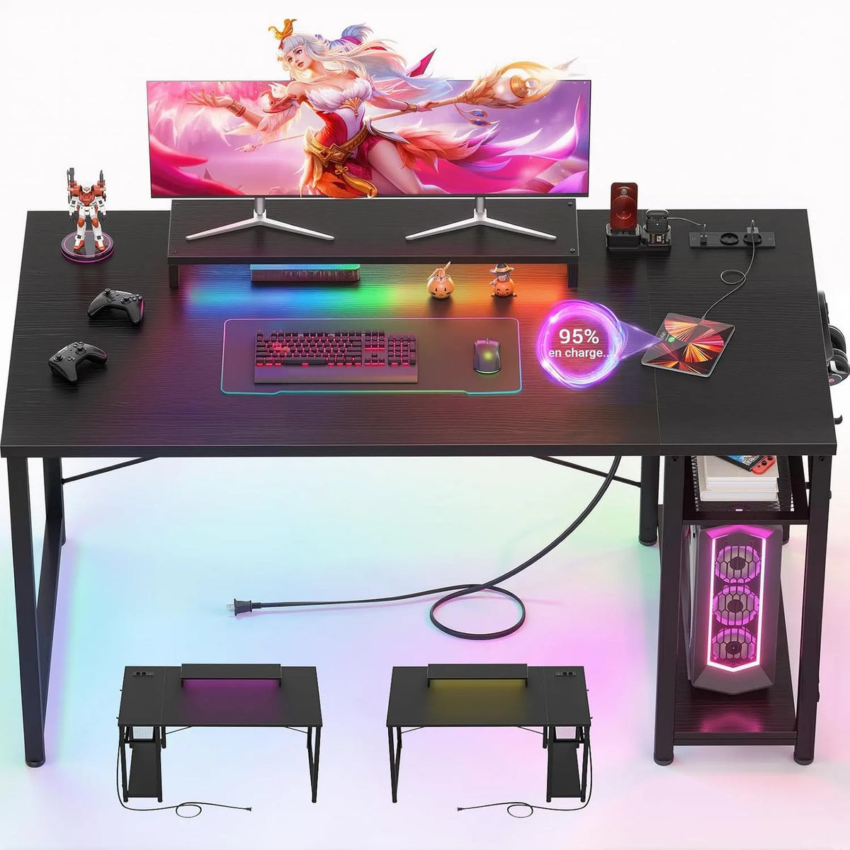 Bureau et table informatique – pour gaming, affichage LED, avec écran, 120 × 50 × 75 cm, noir