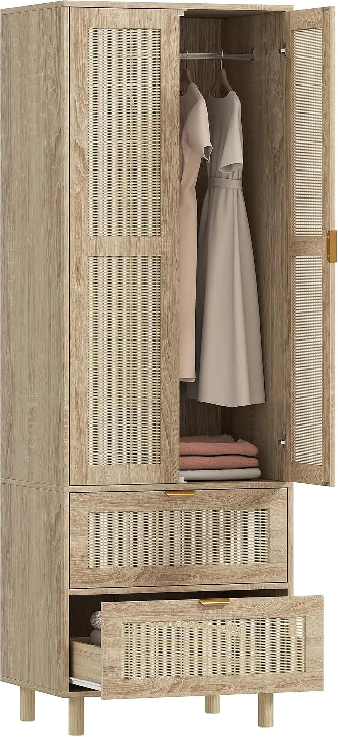 HOMCOM Armoire de rangement – en bois, avec tiroirs, 2 Portes, 2 tiroirs, 63 × 47 × 185 cm, en résine tressée