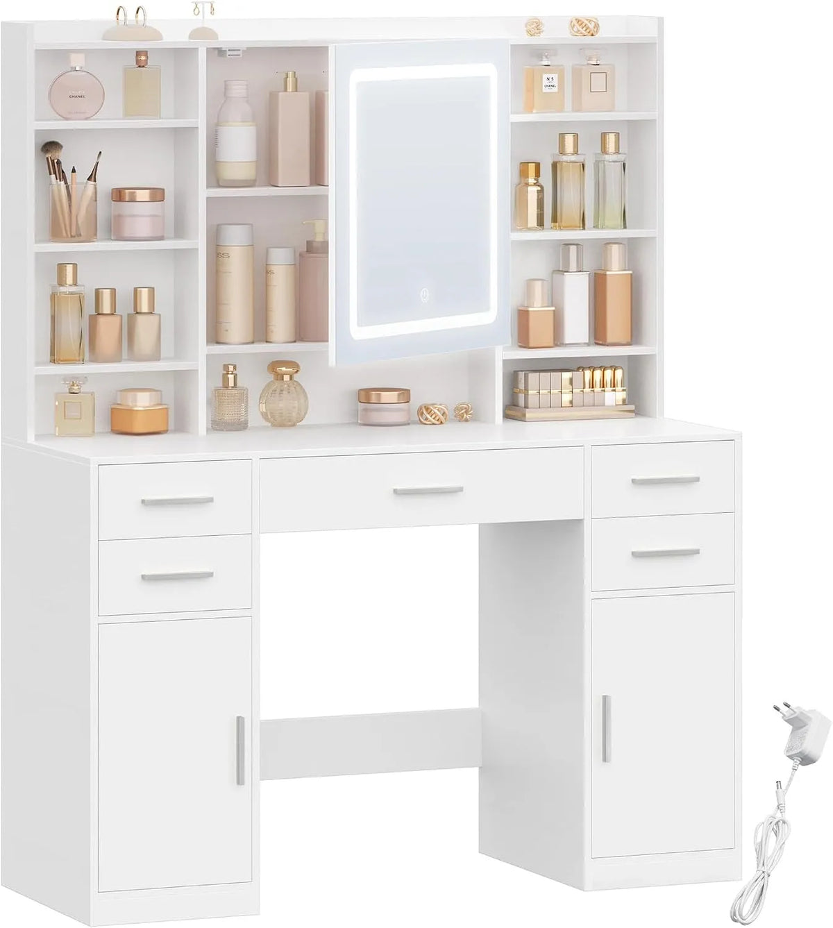 Armoire de rangement — avec tiroirs, avec Bibliothèque et étagère de rangements, réglable, affichage LED, 108 cm, blanc, avec étagères