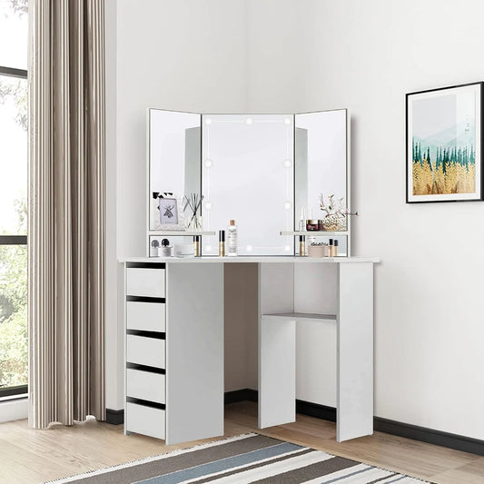 Design Coiffeuse et table de maquillage Moderne Blanc 110x141: MDF, en bois, avec rangement, avec tiroirs, avec étagères, 3 Étagères, 5 Tiroirs