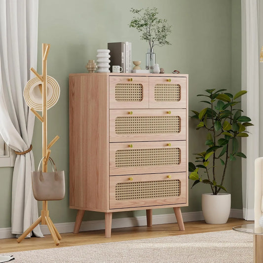 Commode et meuble à tiroirs avec 5 Tiroirs 60 cm – en bois, avec rangement, avec tiroirs, 60 × 34 × 91 cm, en résine tressée
