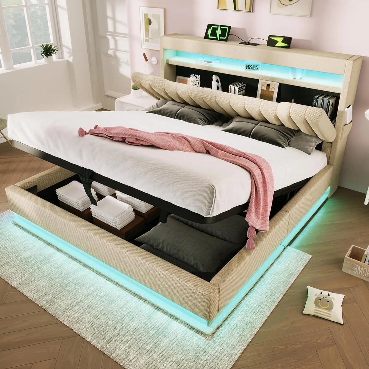 Lit rembourré et cadre de lit tapissé – avec rangement, avec port USB, affichage LED, 140 × 200cm, beige, revêtement en tissu