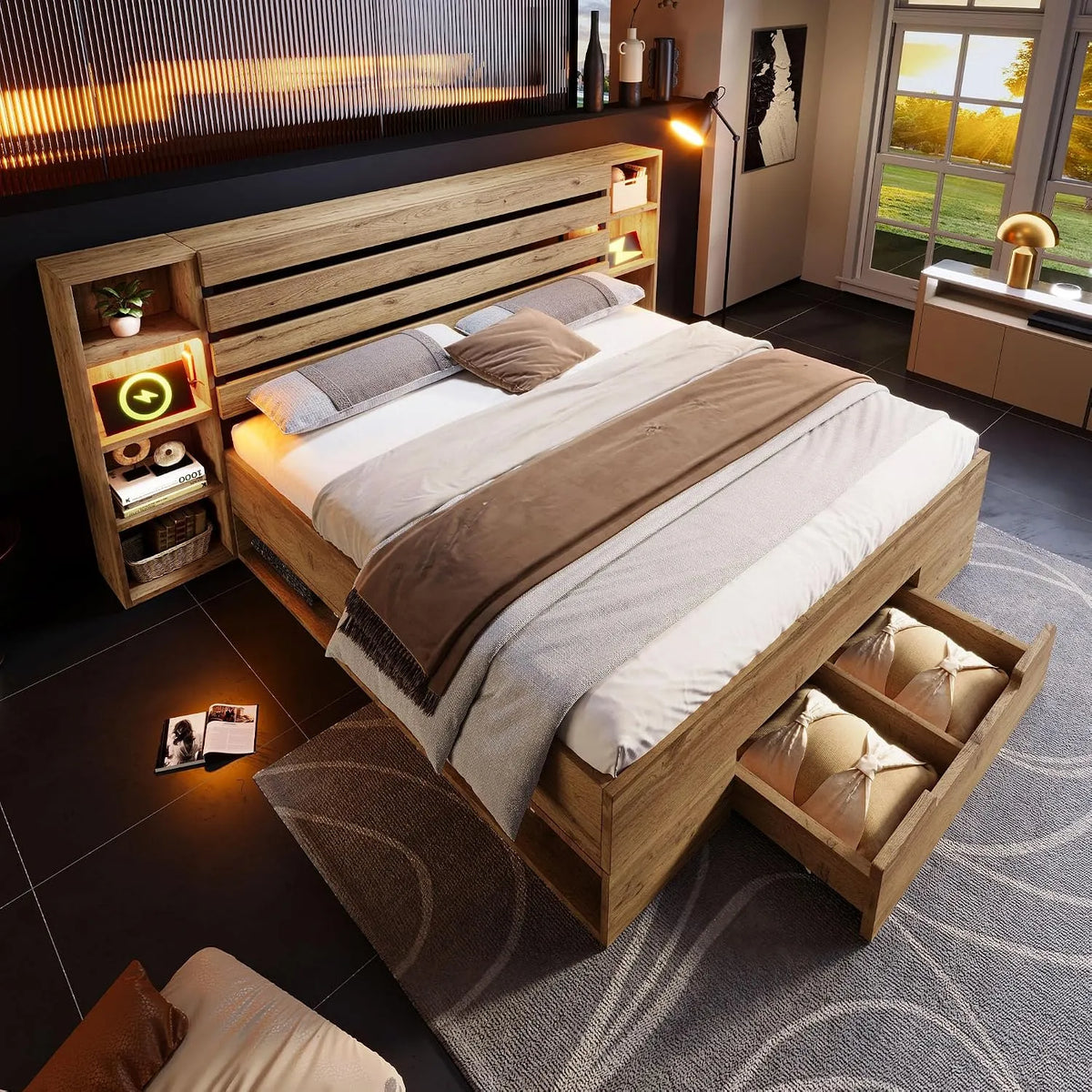 Lit 160×200 avec sommier à Lattes avec LED et Port – en bois, avec rangement, avec tiroirs, avec port USB, en bois massif