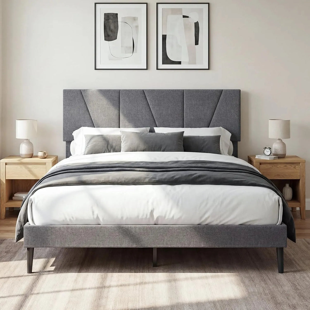 COSTWAY Cadre de lit et structure de lit 2 Personnes avec Sommier — en bois, fonctionnement silencieux, réglable, 140 × 200 cm, 207 × 165 × 95, 110 cm