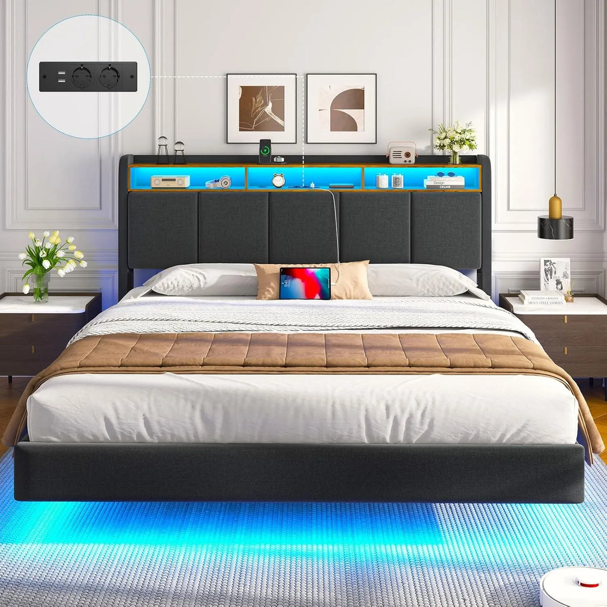 Lit rembourré et cadre de lit tapissé: revêtement en tissu, avec rangement, avec port USB, affichage LED, 160 × 200, 160 × 200cm, gris
