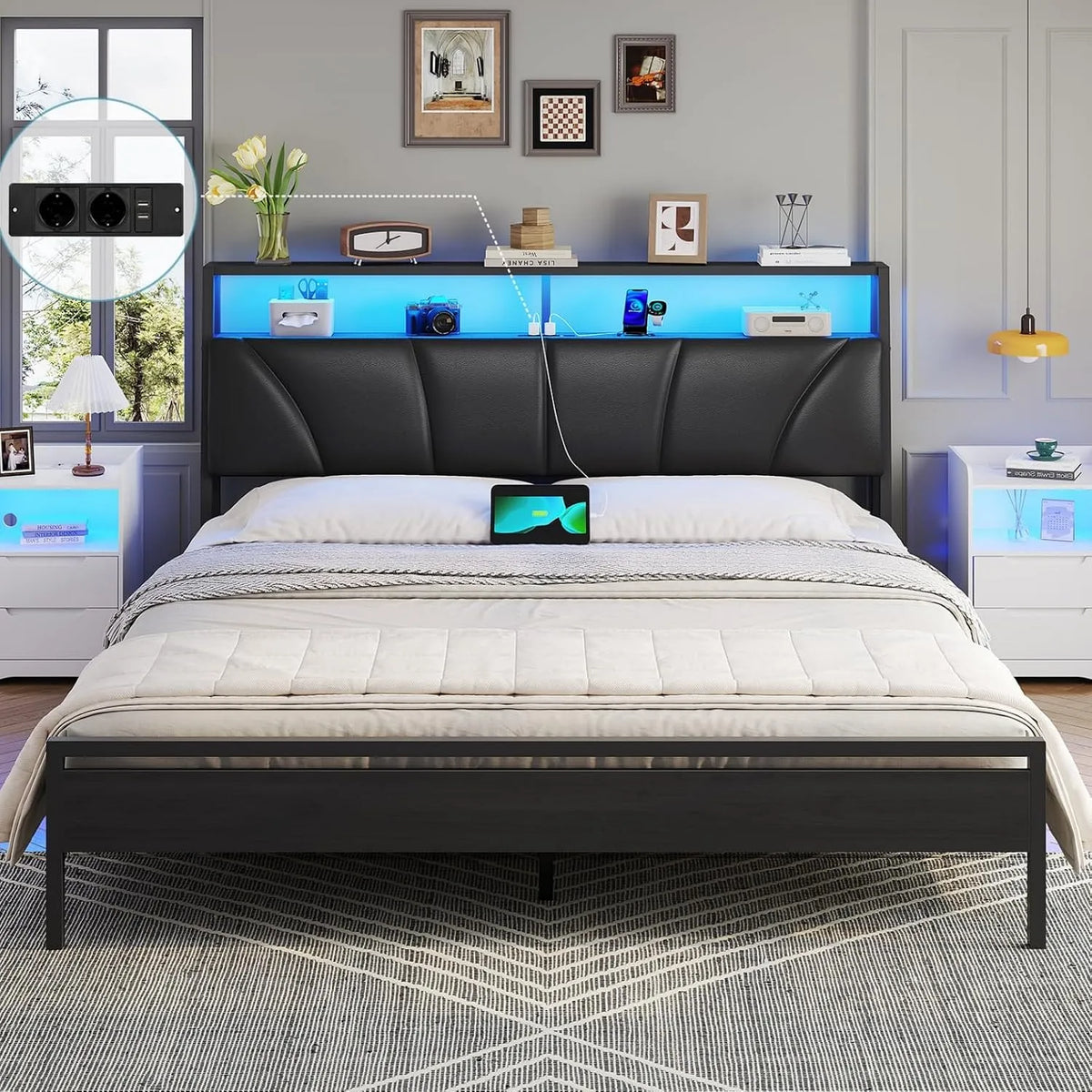 Lit rembourré et cadre de lit tapissé: en métal, avec rangement, avec port USB, affichage LED, 180 × 200, 180 × 200 cm, noir