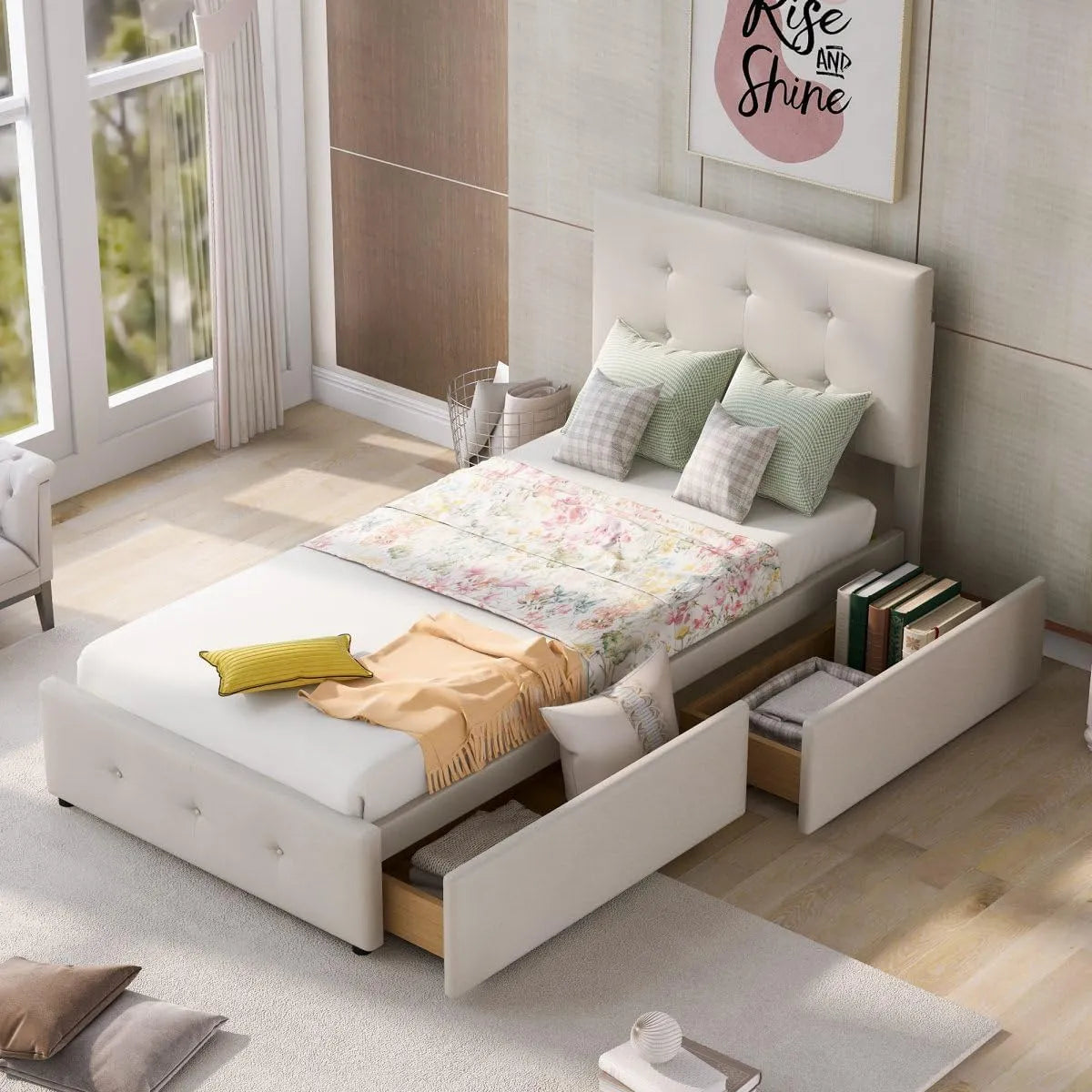 Lit 90 x 200 cm: pour enfant, revêtement en tissu, avec tiroirs, avec dossier, 90 × 200 cm, beige, revêtement en velours