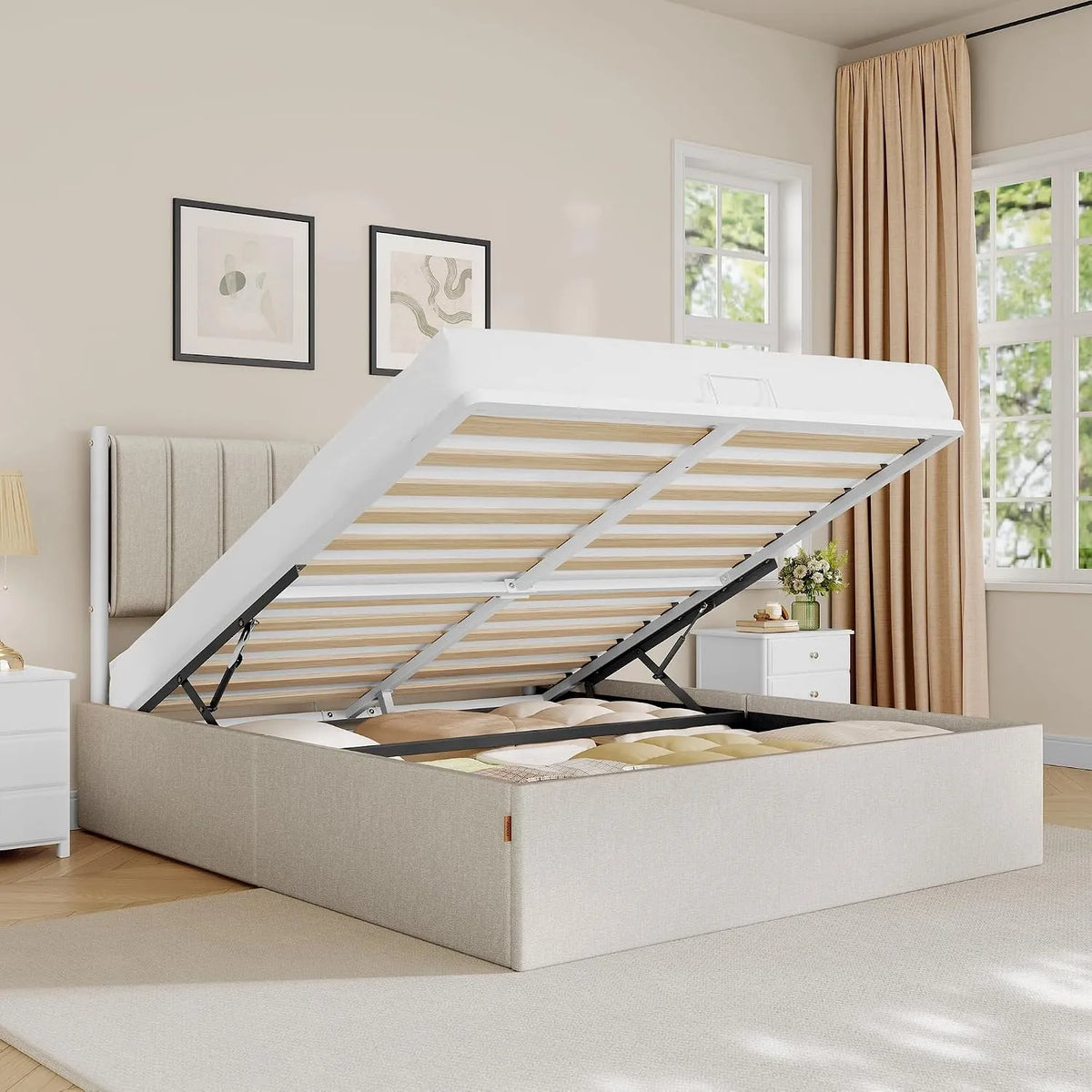 VASAGLE RMB613LH01 Lit Coffre 140 x 190 cm — avec rangement, 140 × 190 cm, beige