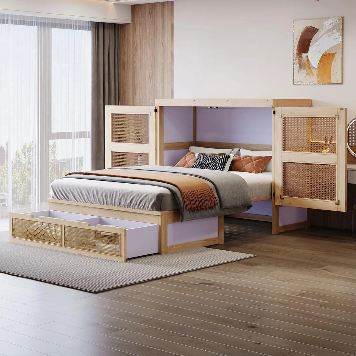 Armoire de rangement — en bois, avec rangement, avec tiroirs, avec armoire, 140 × 200cm, revêtement en tissu, en résine tressée