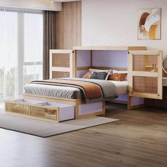 Armoire de rangement — en bois, avec rangement, avec tiroirs, avec armoire, 140 × 200cm, revêtement en tissu, en résine tressée