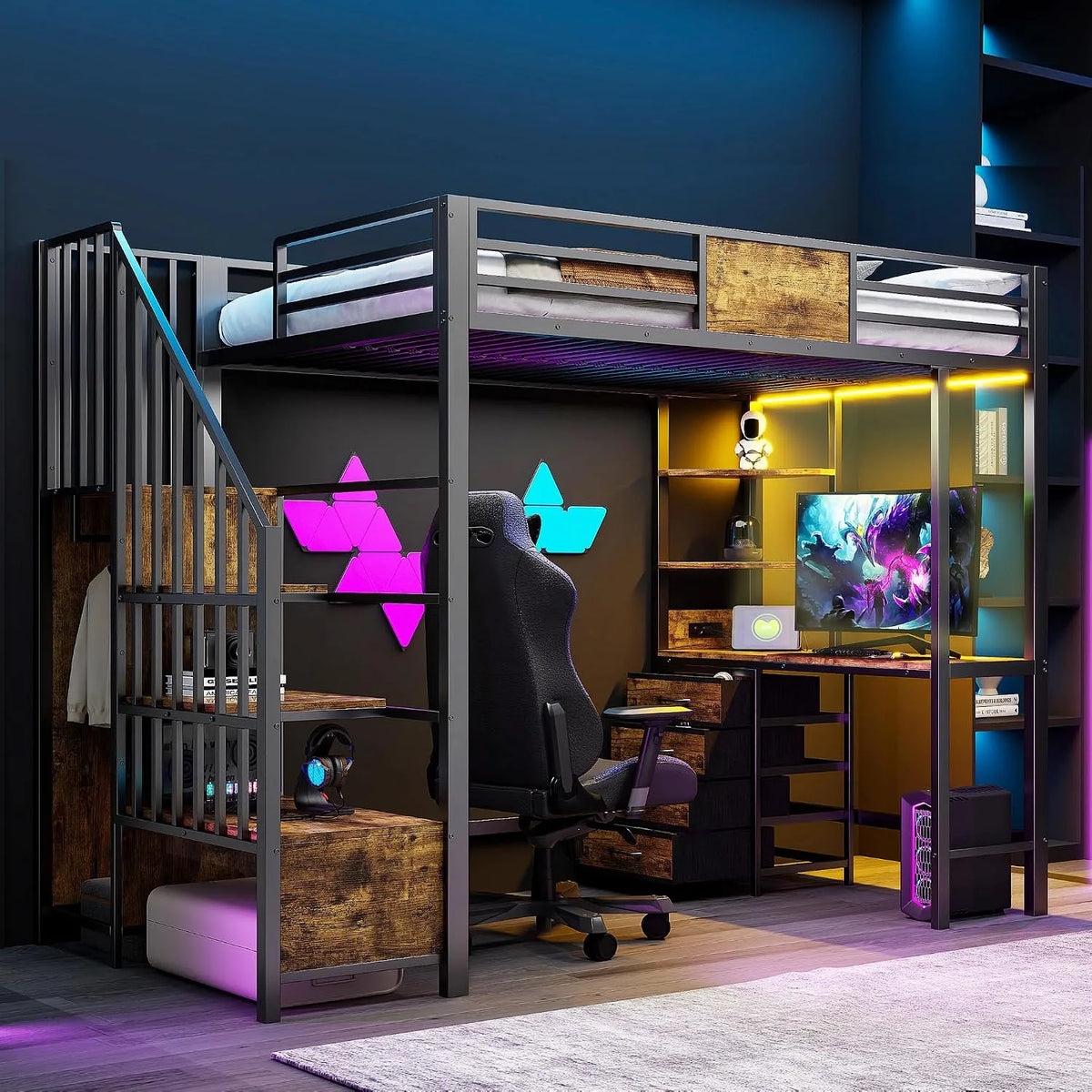 Lit superposé et lit mezzanine — en métal, avec bureau, affichage LED, 90×200 cm, revêtement en tissu