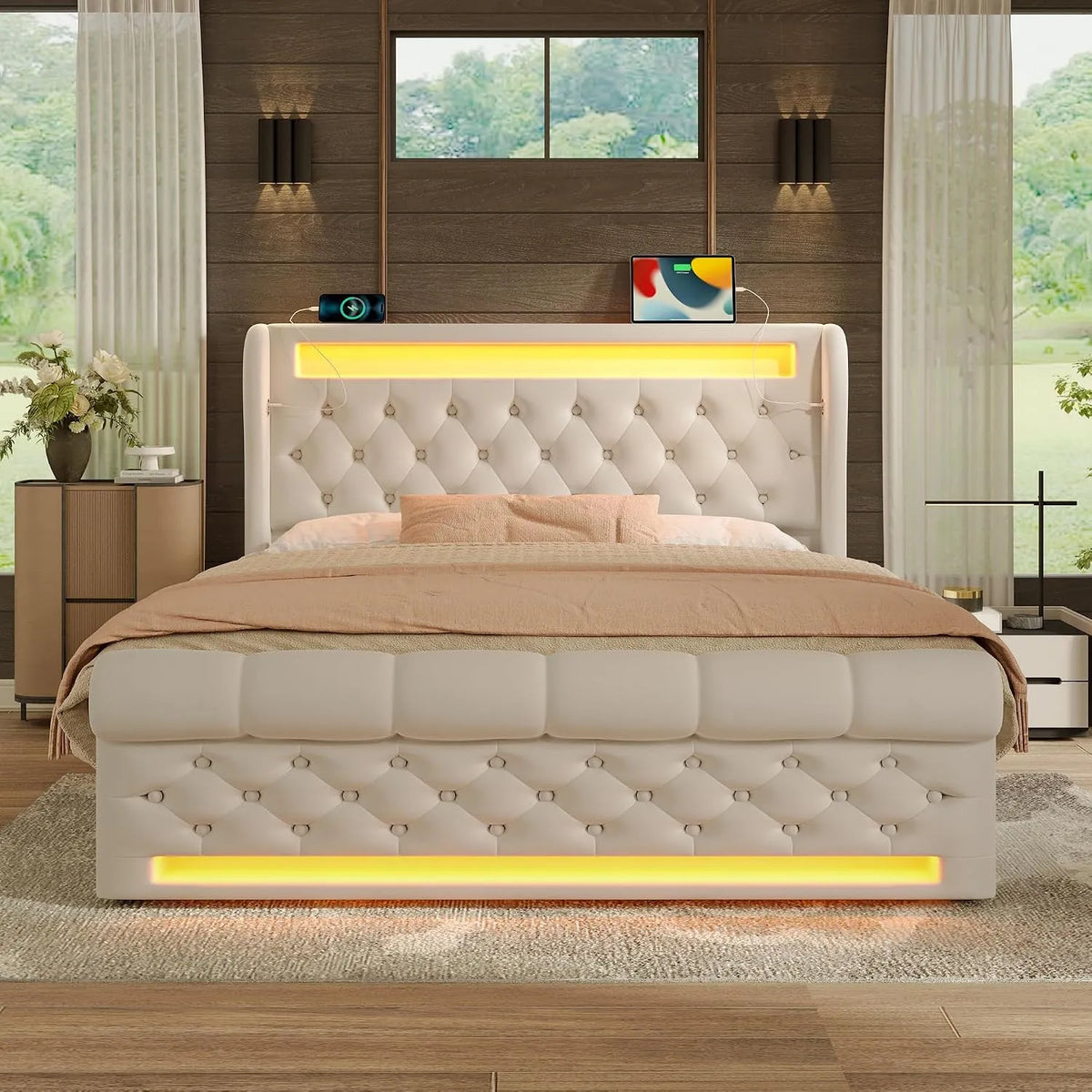 Lit double capitonné LED – avec rangement, avec port USB, affichage LED, 140 × 200 cm, beige, revêtement en velours, revêtement en tissu