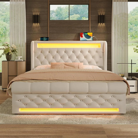 Lit double capitonné LED – avec rangement, avec port USB, affichage LED, 140 × 200 cm, beige, revêtement en velours, revêtement en tissu