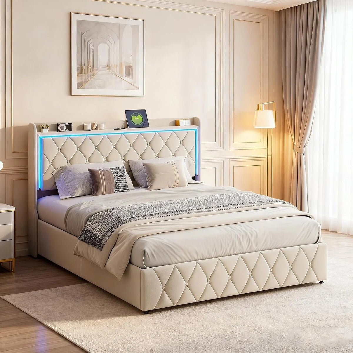 Lit Coffre 140 x 190 cm avec LED et Prise – avec rangement, avec port USB, affichage LED, 140 × 190 cm, beige, revêtement en velours