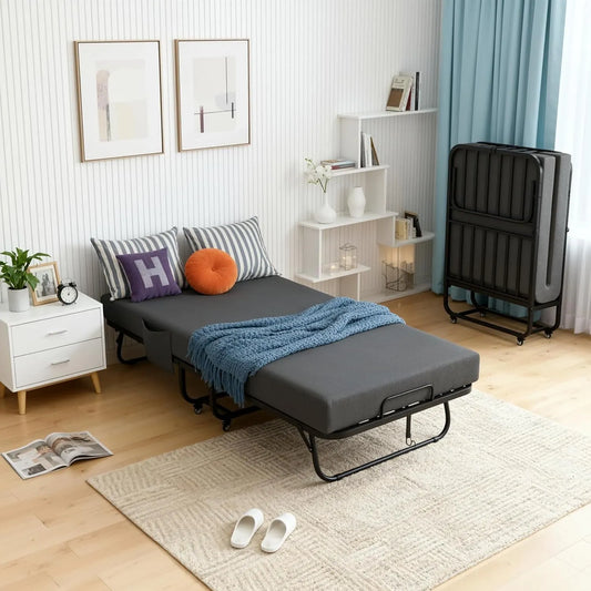 Lit Pliant 200 x 90 cm pour Adulte avec Matelas — en métal, avec roulettes, 200 × 90 cm, 13 cm, 200 kg