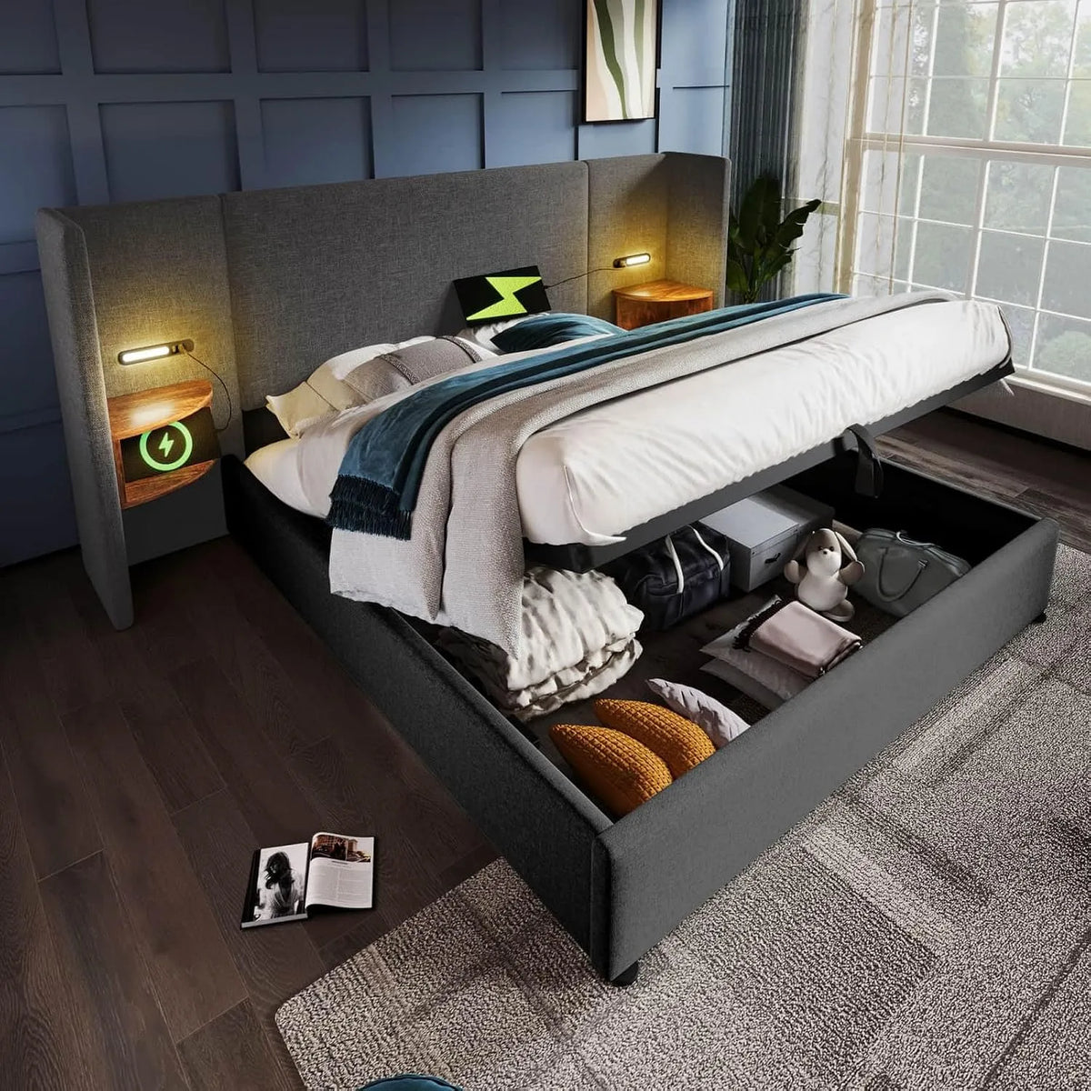 Lit Coffre 180x200cm avec Table de Nuit: avec rangement, avec port USB, 180 × 200cm, gris, revêtement en tissu