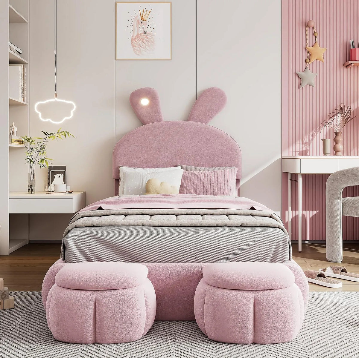 Lit 90x200 avec Sommier et Lampe Oreilles de Lapin – avec rangement, 90 × 200, 90×200, rose