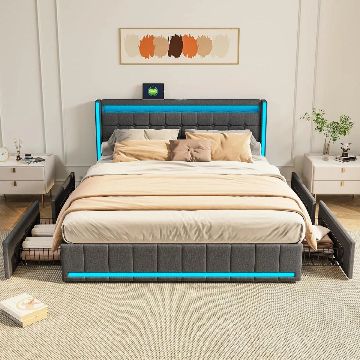 Lit Double 140 x 200 cm — revêtement en tissu, avec tiroirs, avec port USB, affichage LED, 4 tiroirs, 140 × 200 cm