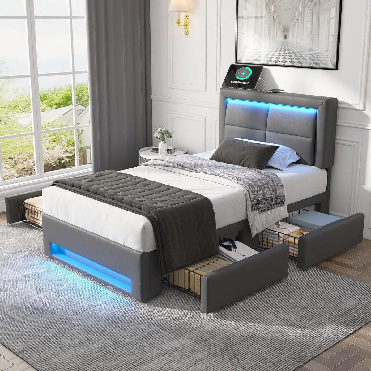 Lit 90 x 190 avec Sommier LED et USB Charge sans – avec tiroirs, avec port USB, affichage LED, 4 Tiroirs, 90 × 190, revêtement en tissu