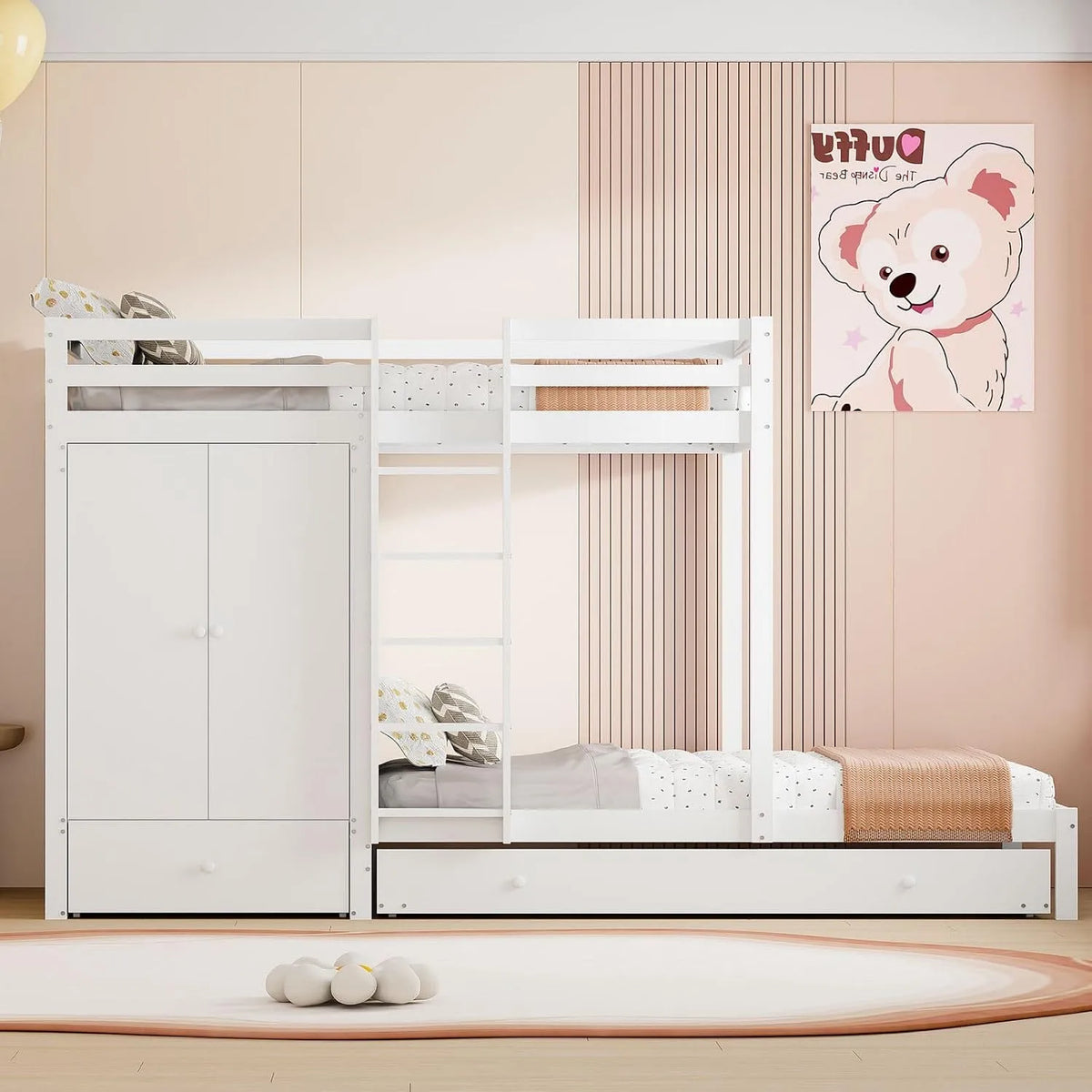 Lit superposé et lit mezzanine — en bois, avec rangement, avec tiroirs, avec étagères, 90 × 200, 90 × 190, blanc, en bois massif