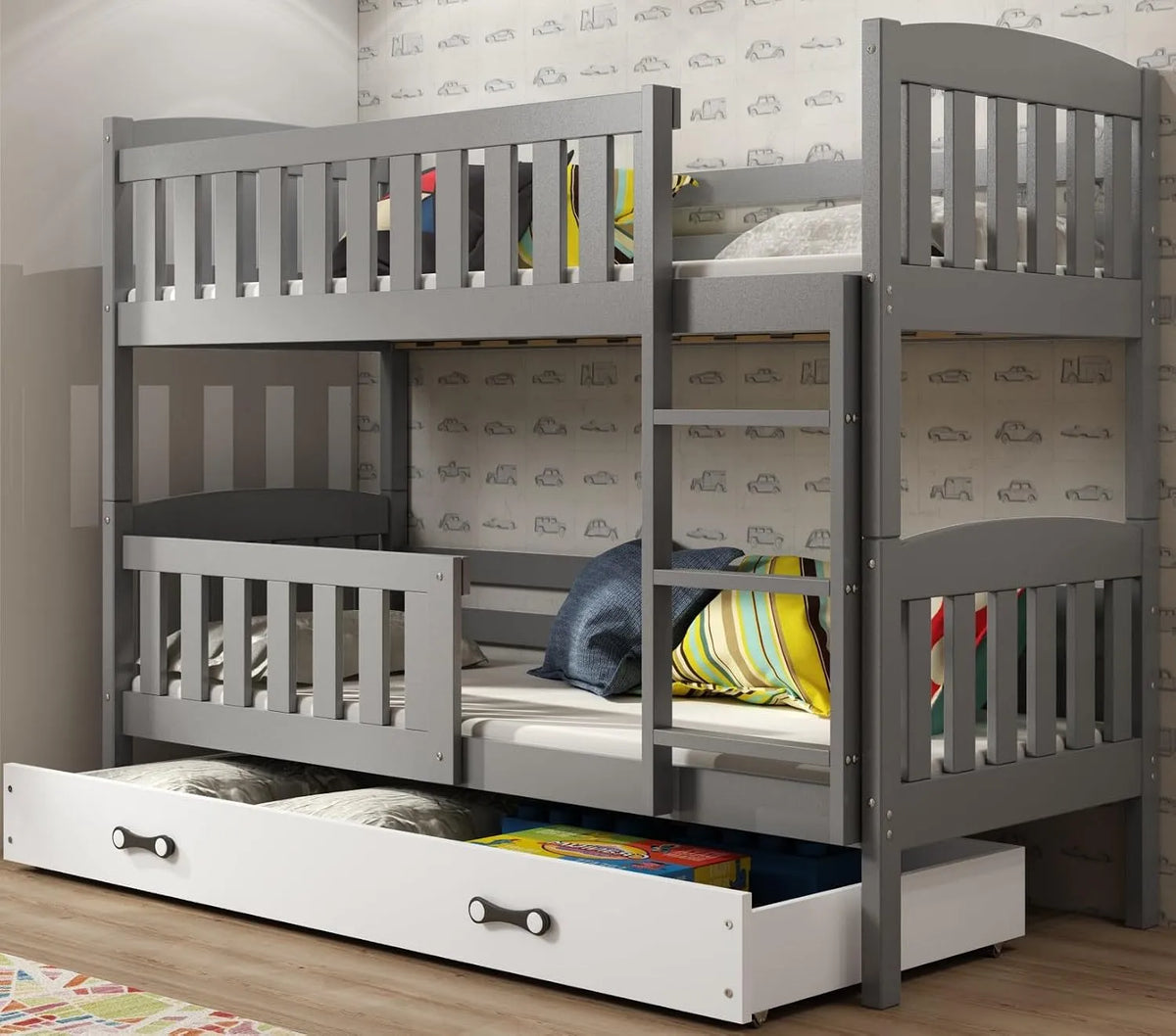 Lit superposé et lit mezzanine: QUBA, pour enfant, en bois, avec tiroirs, 2 Places, 90 × 190, gris