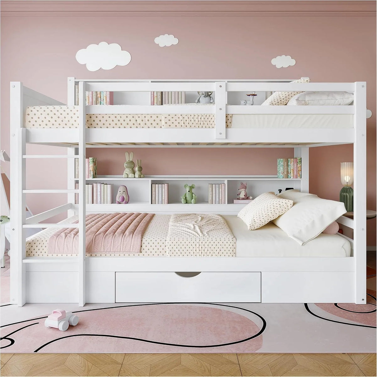 Lit superposé et lit mezzanine – pour enfant, avec rangement, avec tiroirs, avec échelle, 90 × 200cm, blanc